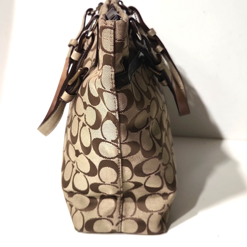 Coach Signature C Stripe Brown Khaki Canvas Shoulder Bag Tote - Picture 12 of 16